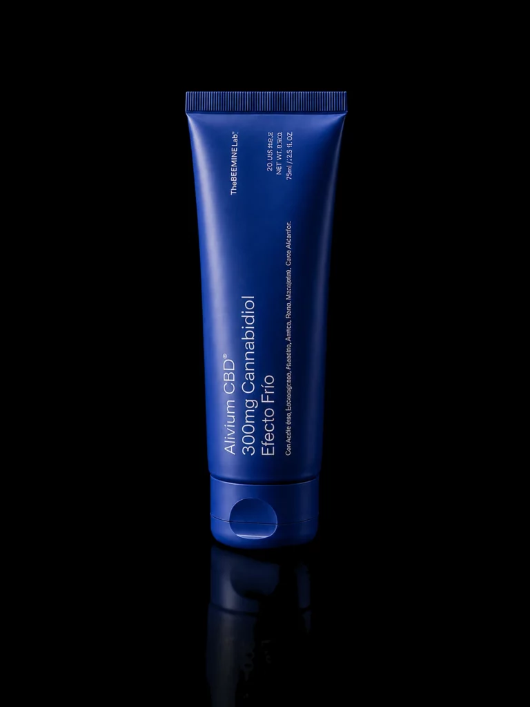 Alivium CBD creme de massage effet froid 300 mg The Beemine Lab, tube 75 ml sur fond noir