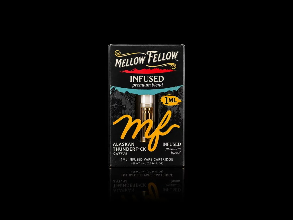 Cartouche 510 Mellow Fellow Alaskan Thunderf*ck 1 ml dans sa boîte noire et jaune scellée, sur fond noir