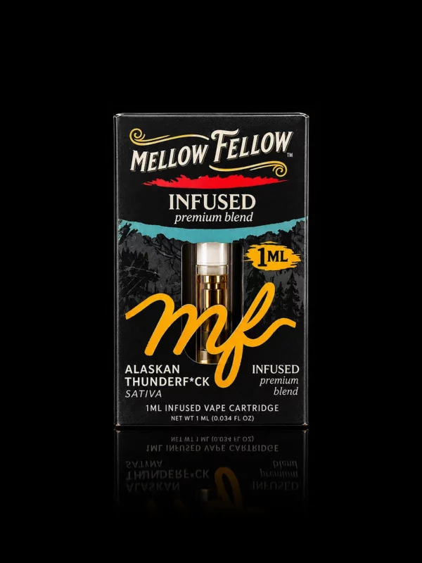 Cartouche 510 Mellow Fellow Alaskan Thunderf*ck 1 ml dans sa boîte noire et jaune scellée, sur fond noir