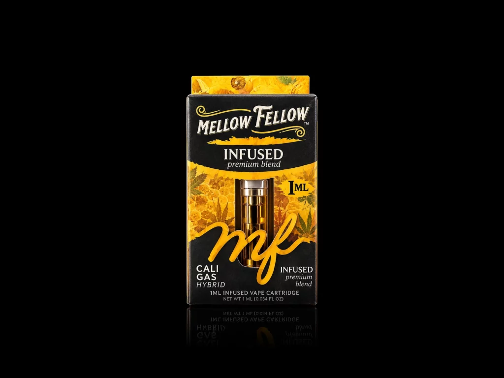 Cartouche 510 Mellow Fellow Cali Gas 1 ml dans sa boîte jaune et noire scellée, sur fond noir