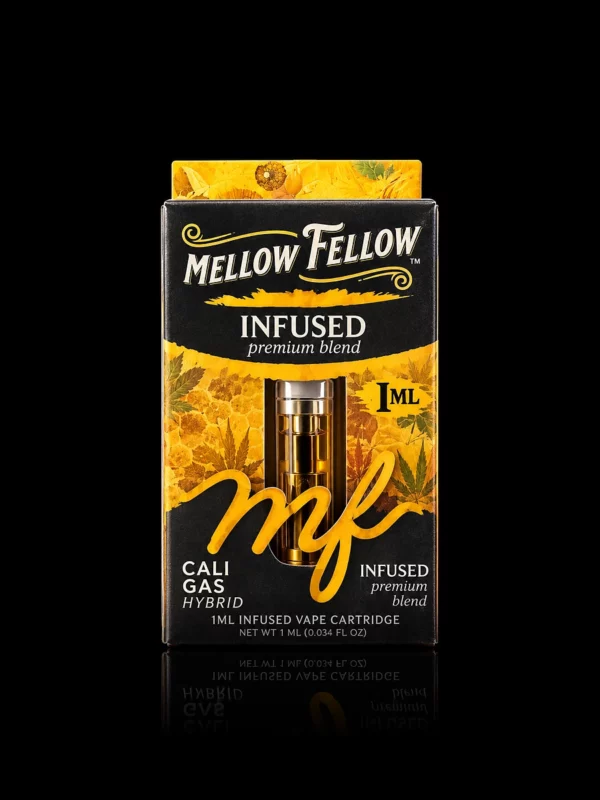 Cartouche 510 Mellow Fellow Cali Gas 1 ml dans sa boîte jaune et noire scellée, sur fond noir
