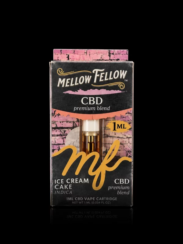 Cartouche 510 Mellow Fellow CBD Ice Cream Cake 1 ml dans sa boîte rose et noire scellée, sur fond noir
