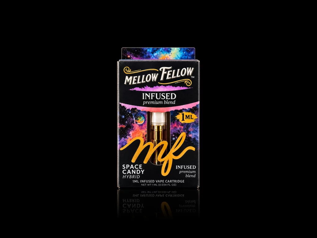 Cartouche 510 Mellow Fellow Space Candy 1 ml dans sa boîte galaxie scellée, sur fond noir
