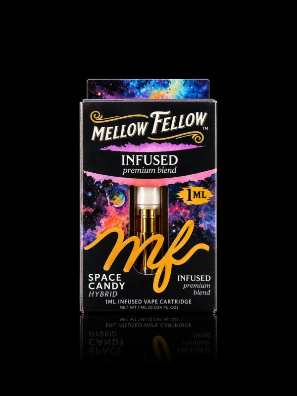 Cartouche 510 Mellow Fellow Space Candy 1 ml dans sa boîte galaxie scellée, sur fond noir