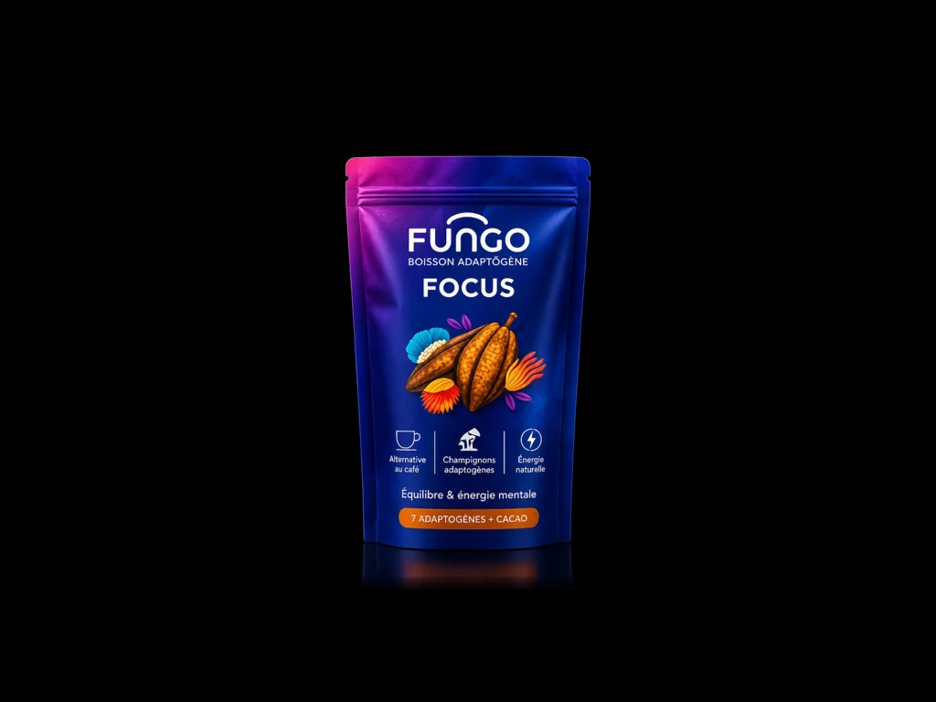 Boisson Adaptogène Fungo Focus Cacao de Novaloa, sachet 240 g - fond noir studio, boutique Nature Lab