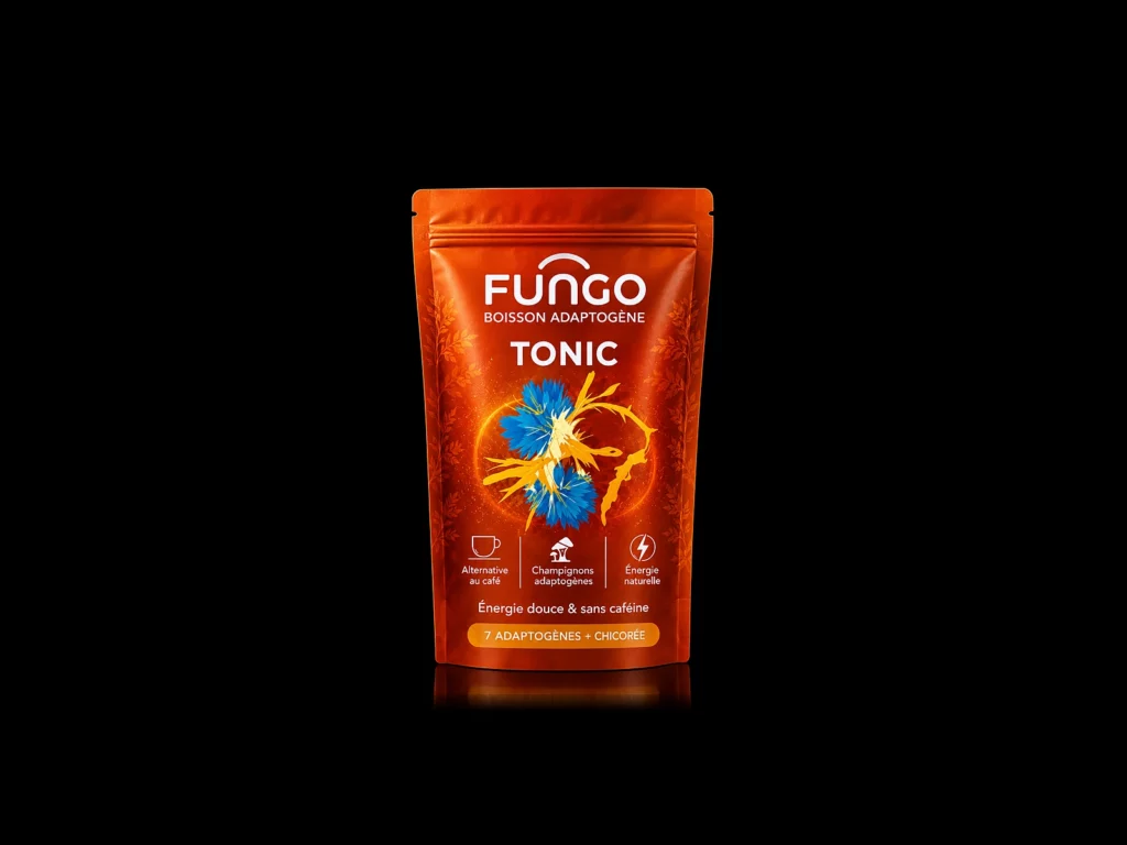 Boisson Adaptogène Fungo Tonic Chicorée de Novaloa, alternative au café sans caféine, sachet 240 g - fond noir studio, boutique Nature Lab