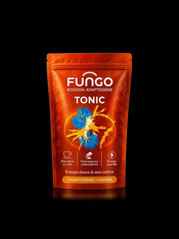 Boisson Adaptogène Fungo Tonic Chicorée de Novaloa, alternative au café sans caféine, sachet 240 g - fond noir studio, boutique Nature Lab