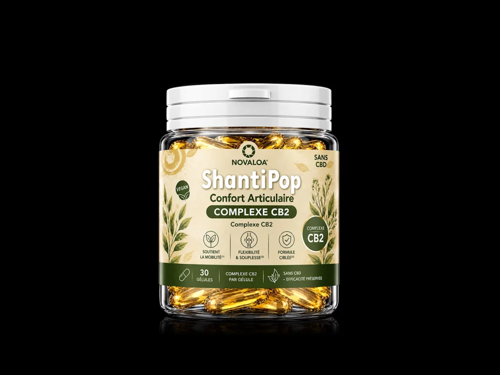 Gélules Confort Articulaire ShantiPop de Novaloa, Complexe CB2 50 mg, pot de 30 gélules liquides - fond noir studio, boutique Nature Lab