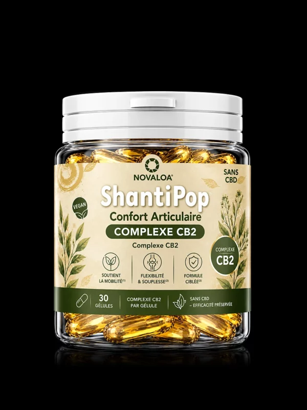 Gélules Confort Articulaire ShantiPop de Novaloa, Complexe CB2 50 mg, pot de 30 gélules liquides - fond noir studio, boutique Nature Lab