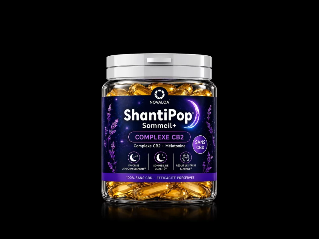 Gélules Sommeil+ ShantiPop de Novaloa, Complexe CB2 50 mg et mélatonine 1 mg, pot de 30 gélules liquides - fond noir studio, boutique Nature Lab