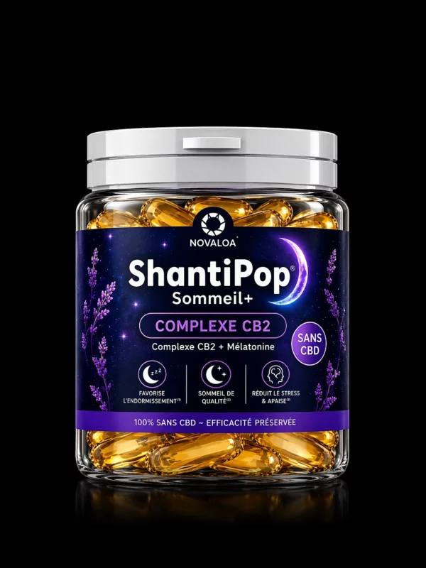 Gélules Sommeil+ ShantiPop de Novaloa, Complexe CB2 50 mg et mélatonine 1 mg, pot de 30 gélules liquides - fond noir studio, boutique Nature Lab
