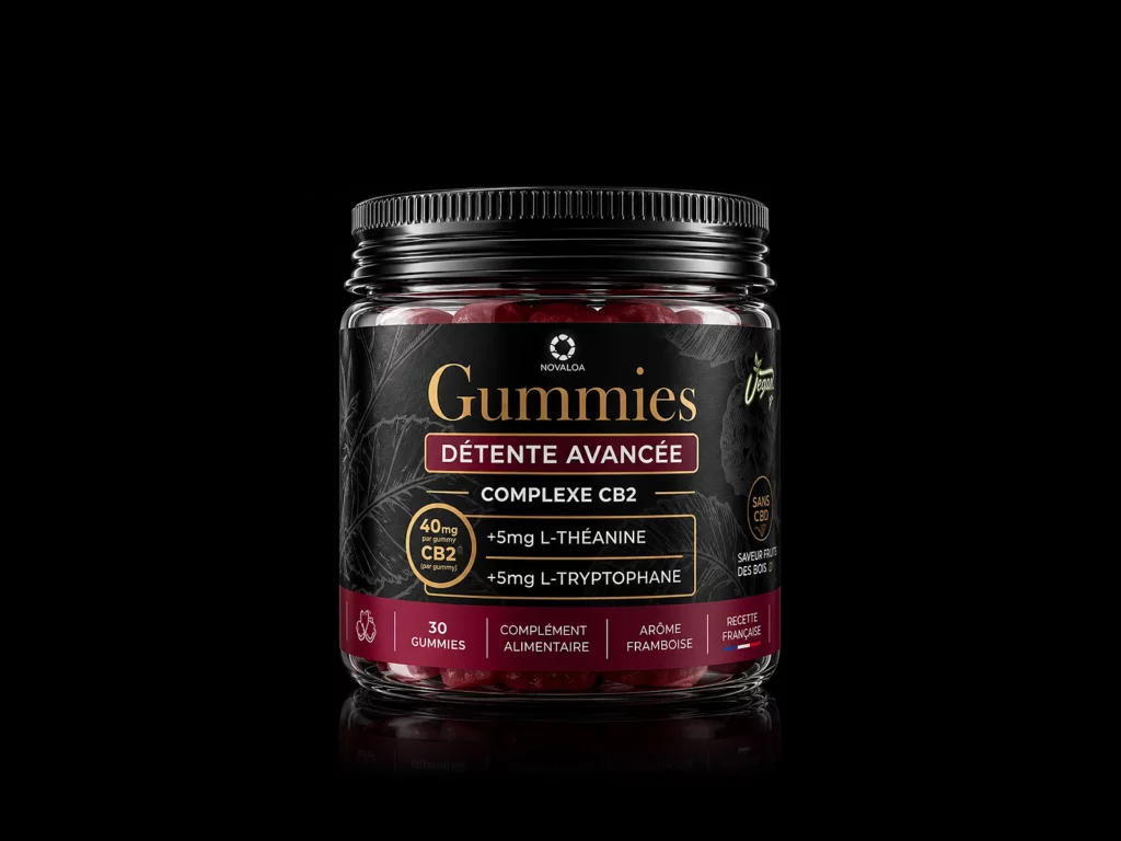 Gummies Détente Avancée Novaloa goût Framboise, Complexe CB2 40 mg, pot de 30 gummies vegan - fond noir studio, boutique Nature Lab