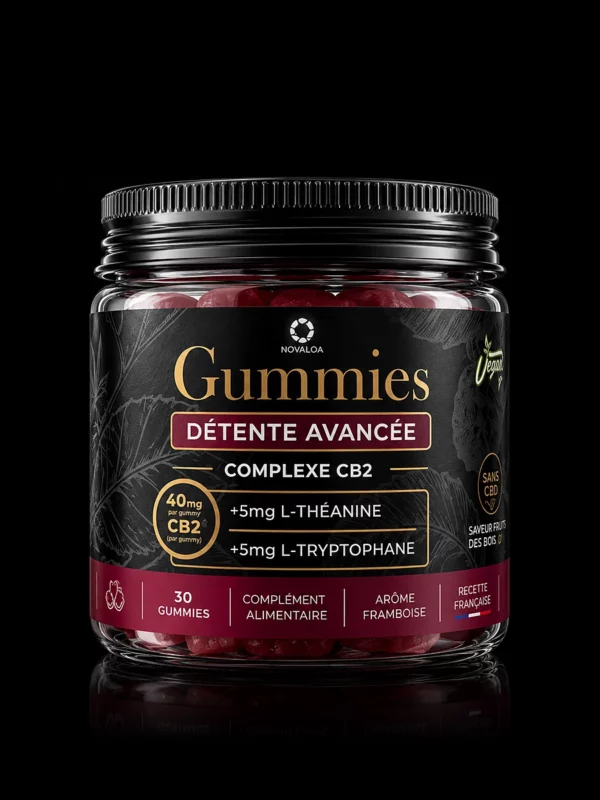 Gummies Détente Avancée Novaloa goût Framboise, Complexe CB2 40 mg, pot de 30 gummies vegan - fond noir studio, boutique Nature Lab