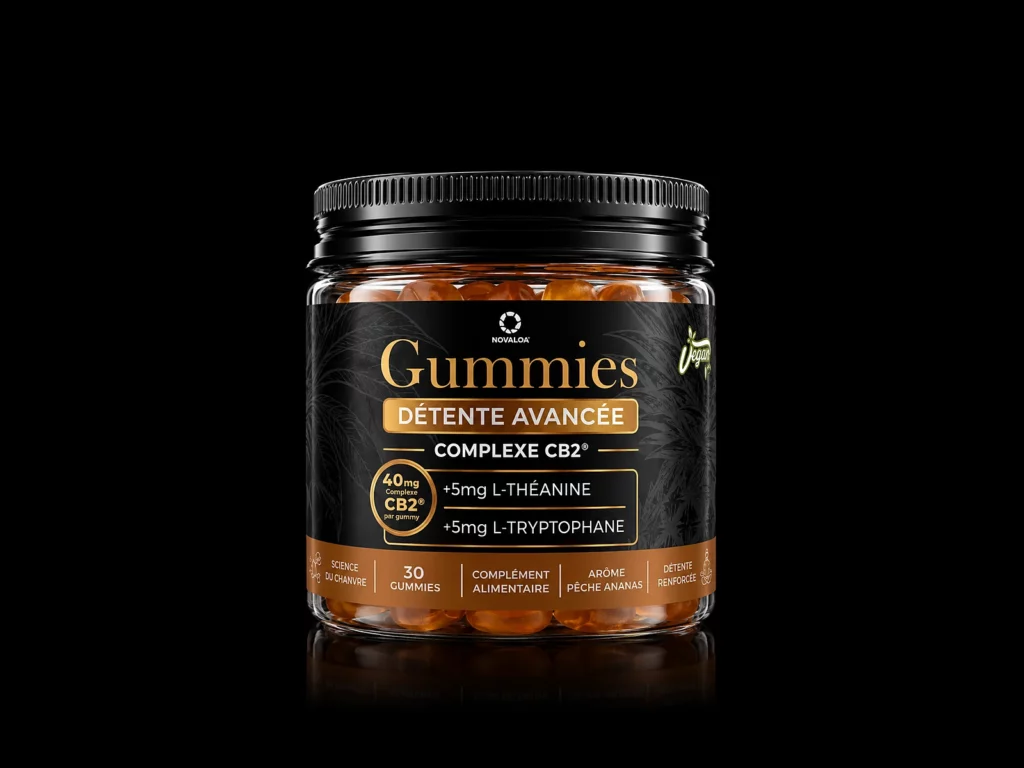 Gummies Détente Avancée Novaloa goût Pêche Ananas, Complexe CB2 40 mg, pot de 30 gummies vegan - fond noir studio, boutique Nature Lab