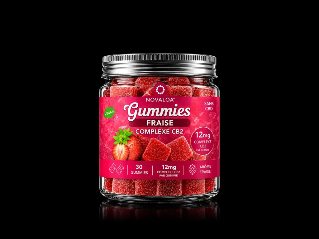 Gummies Fraise Novaloa, Complexe CB2 12 mg par gummy, pot de 30 gummies vegan - fond noir studio, boutique Nature Lab