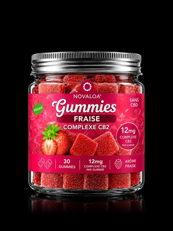 Gummies Fraise Novaloa, Complexe CB2 12 mg par gummy, pot de 30 gummies vegan - fond noir studio, boutique Nature Lab