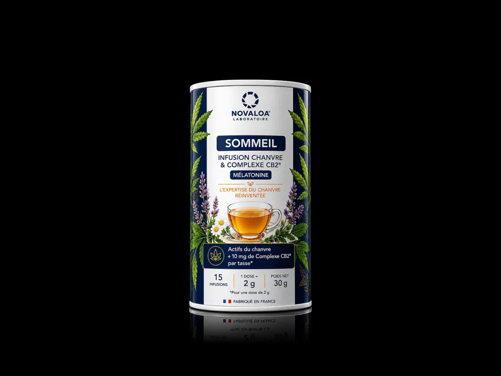 Infusion Sommeil Novaloa au chanvre, Complexe CB2 et mélatonine, tube de 30 g en vrac pour 15 infusions - fond noir studio, boutique Nature Lab