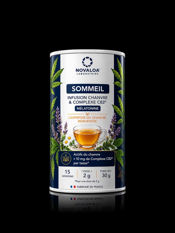 Infusion Sommeil Novaloa au chanvre, Complexe CB2 et mélatonine, tube de 30 g en vrac pour 15 infusions - fond noir studio, boutique Nature Lab