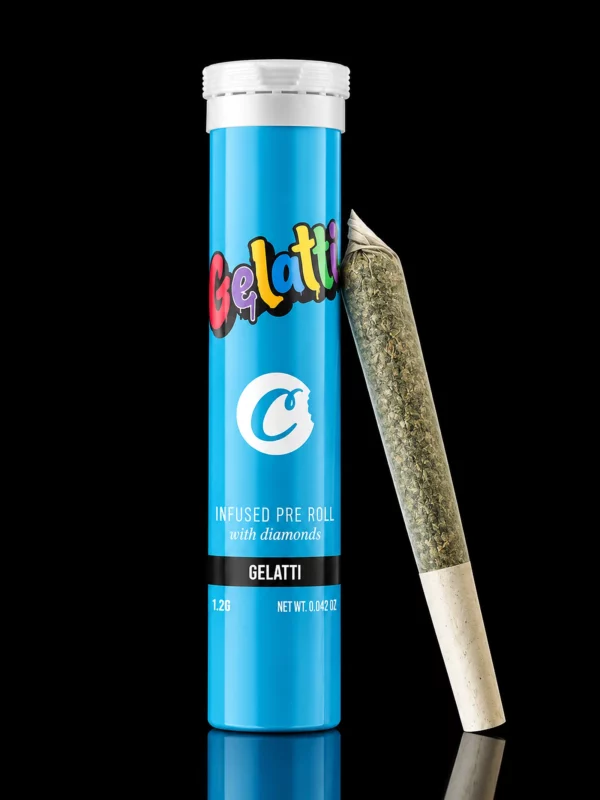 Pre Roll Cookies Gelatti : tube bleu scellé et cône 1,2 g infusé aux diamonds, sur fond noir