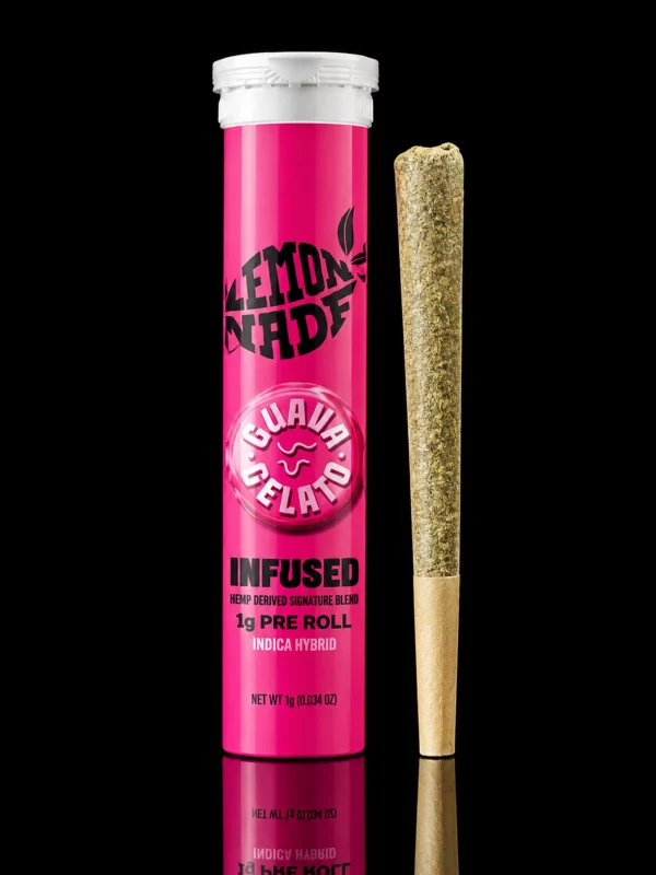 Pre Roll Lemonnade Guava Gelato : tube rose scellé et cône 1 g infusé, sur fond noir