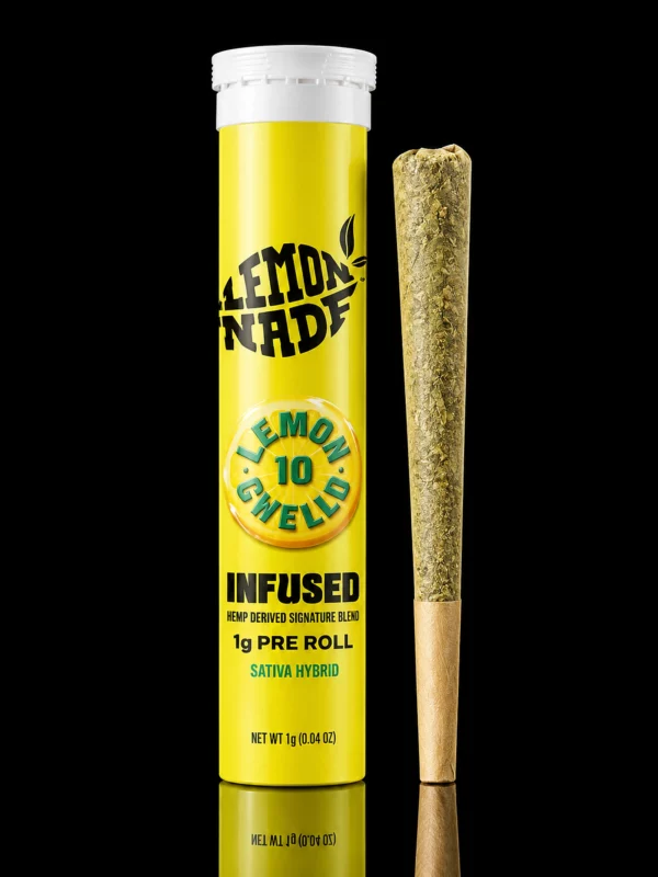 Pre Roll Lemonnade Lemonchello 10 : tube jaune scellé et cône 1 g infusé, sur fond noir