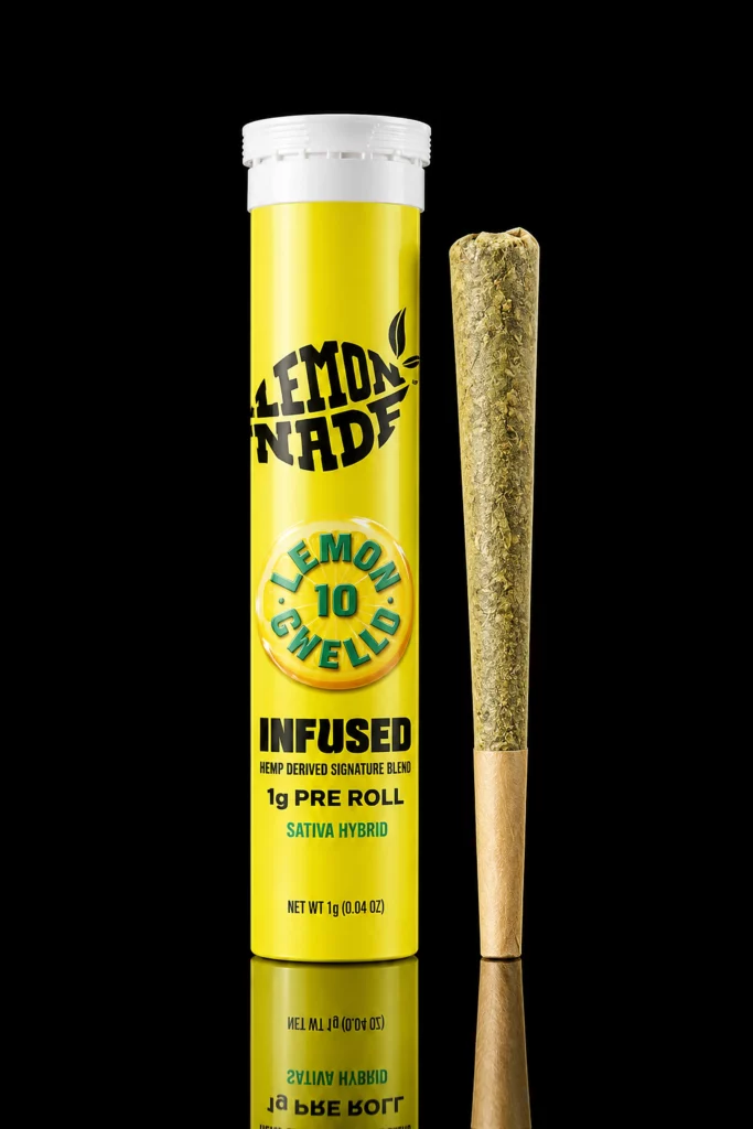 Pre Roll Lemonnade Lemonchello 10 : tube jaune scellé et cône 1 g infusé, sur fond noir