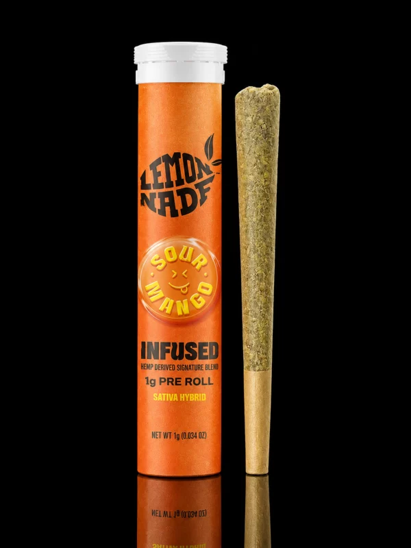 Pre Roll Lemonnade Sour Mango : tube orange scellé et cône 1 g infusé, sur fond noir