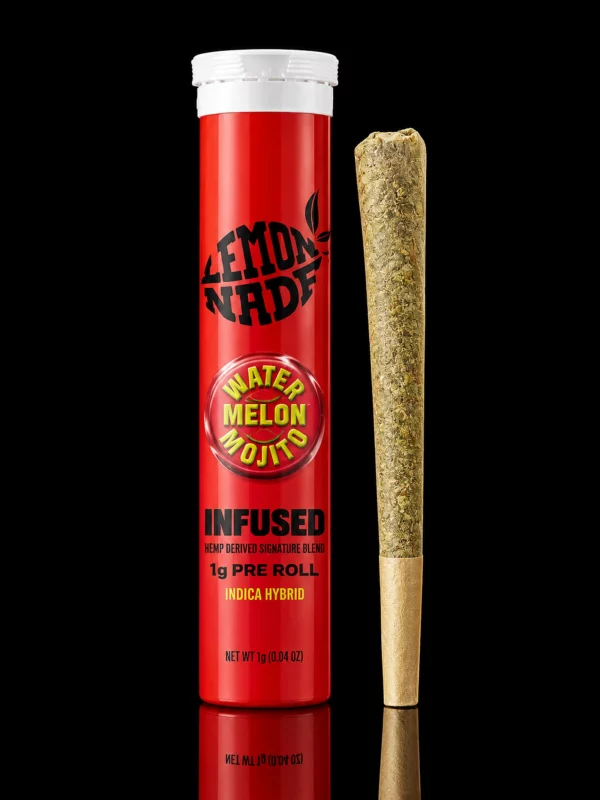 Pre Roll Lemonnade Watermelon Mojito : tube rouge scellé et cône 1 g infusé, sur fond noir