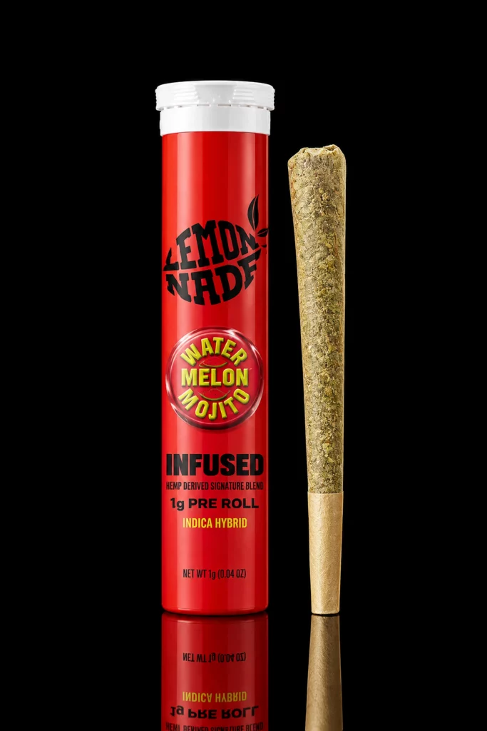 Pre Roll Lemonnade Watermelon Mojito : tube rouge scellé et cône 1 g infusé, sur fond noir