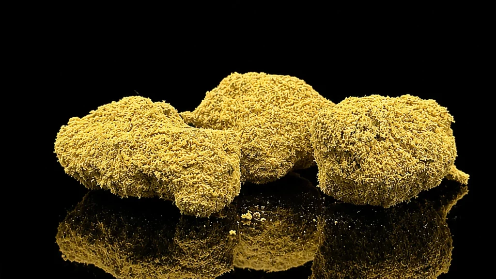 Résine CBC Moonrock sur fond noir, fleur enrobée de kief, palier Intense
