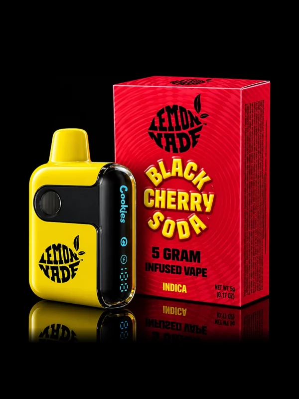 Vape Lemonnade 5G Black Cherry Soda - puff tout-en-un 5 g, boîte et appareil sur fond noir studio, boutique Nature Lab