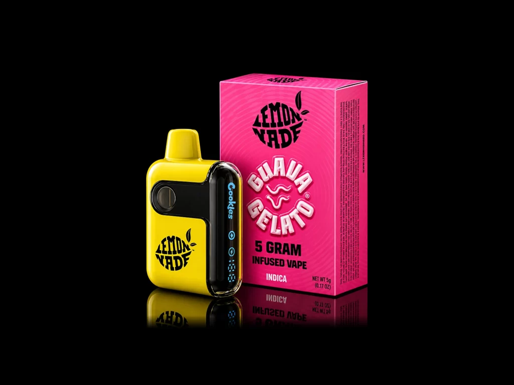 Vape Lemonnade 5G Guava Gelato - puff tout-en-un 5 g, boîte et appareil sur fond noir studio, boutique Nature Lab