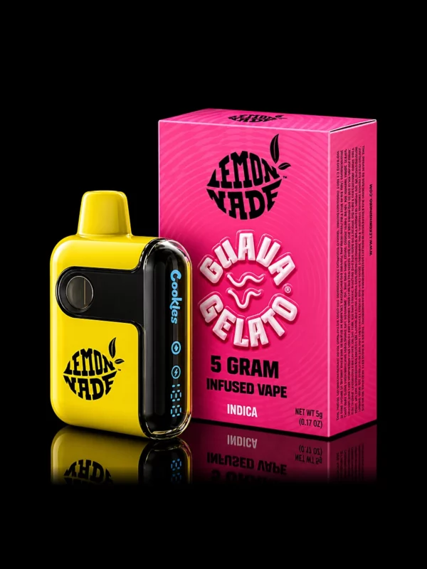 Vape Lemonnade 5G Guava Gelato - puff tout-en-un 5 g, boîte et appareil sur fond noir studio, boutique Nature Lab