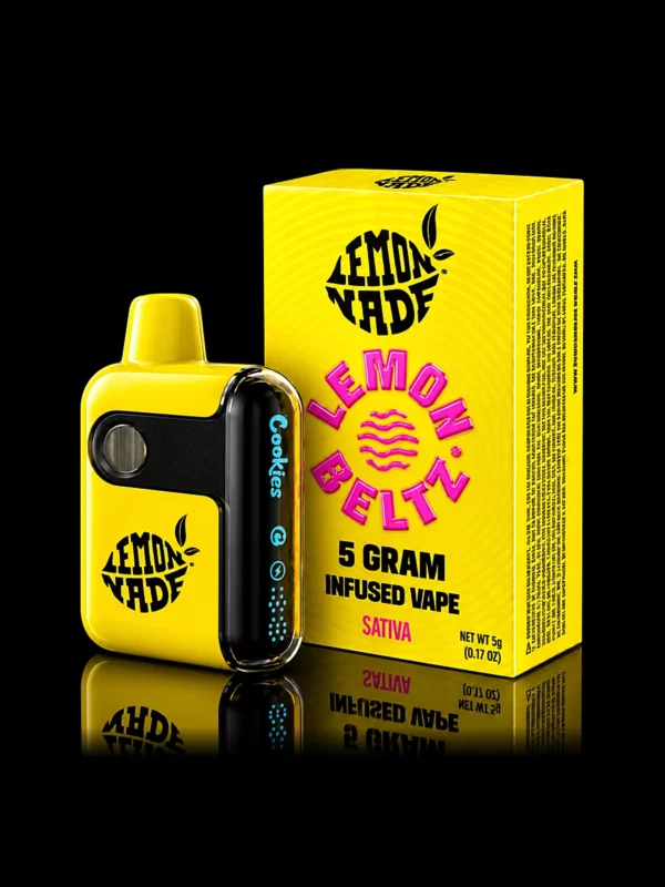 Vape Lemonnade 5G Lemon Beltz - puff tout-en-un 5 g, boîte et appareil sur fond noir studio, boutique Nature Lab