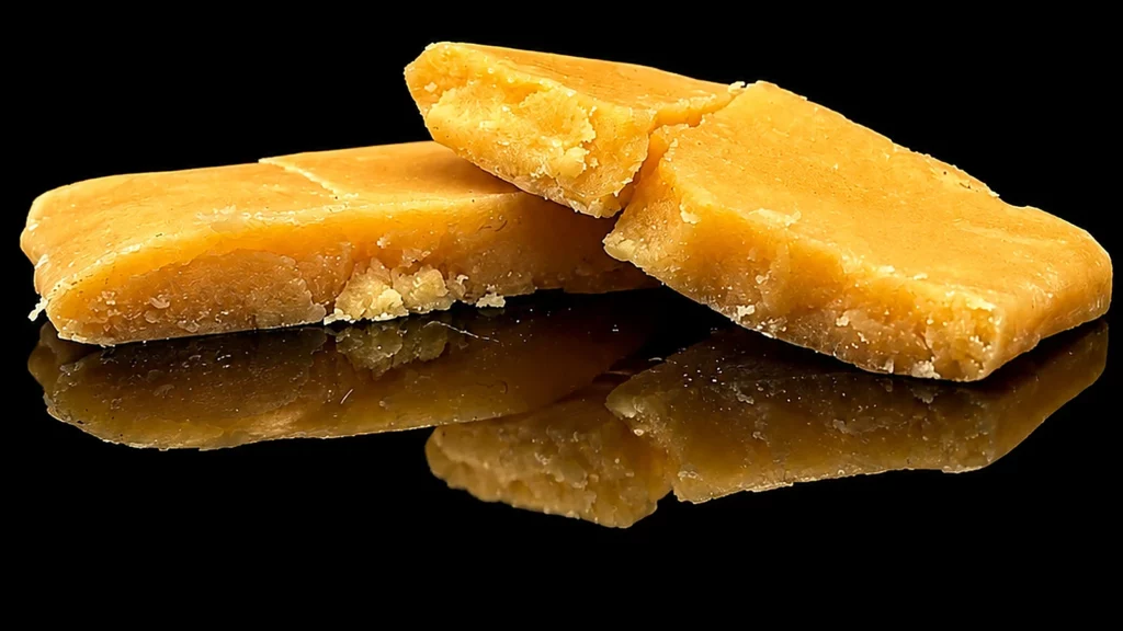 Résine CBC Piatella Mango cold cure sur fond noir, texture souple proche d'une rosin
